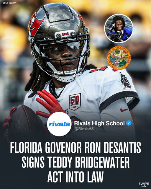 Florida Governor Ron DeSantis has signed Senate Bill 178 (Teddy Bridgewater Act) into law✍️

Allowing middle and high school coaches to use up to $15k of their own funds to support student-athletes with food, transportation and recovery services.

Follow @RivalsDotCom for High School News, Scores, Schedules, Rankings and Data