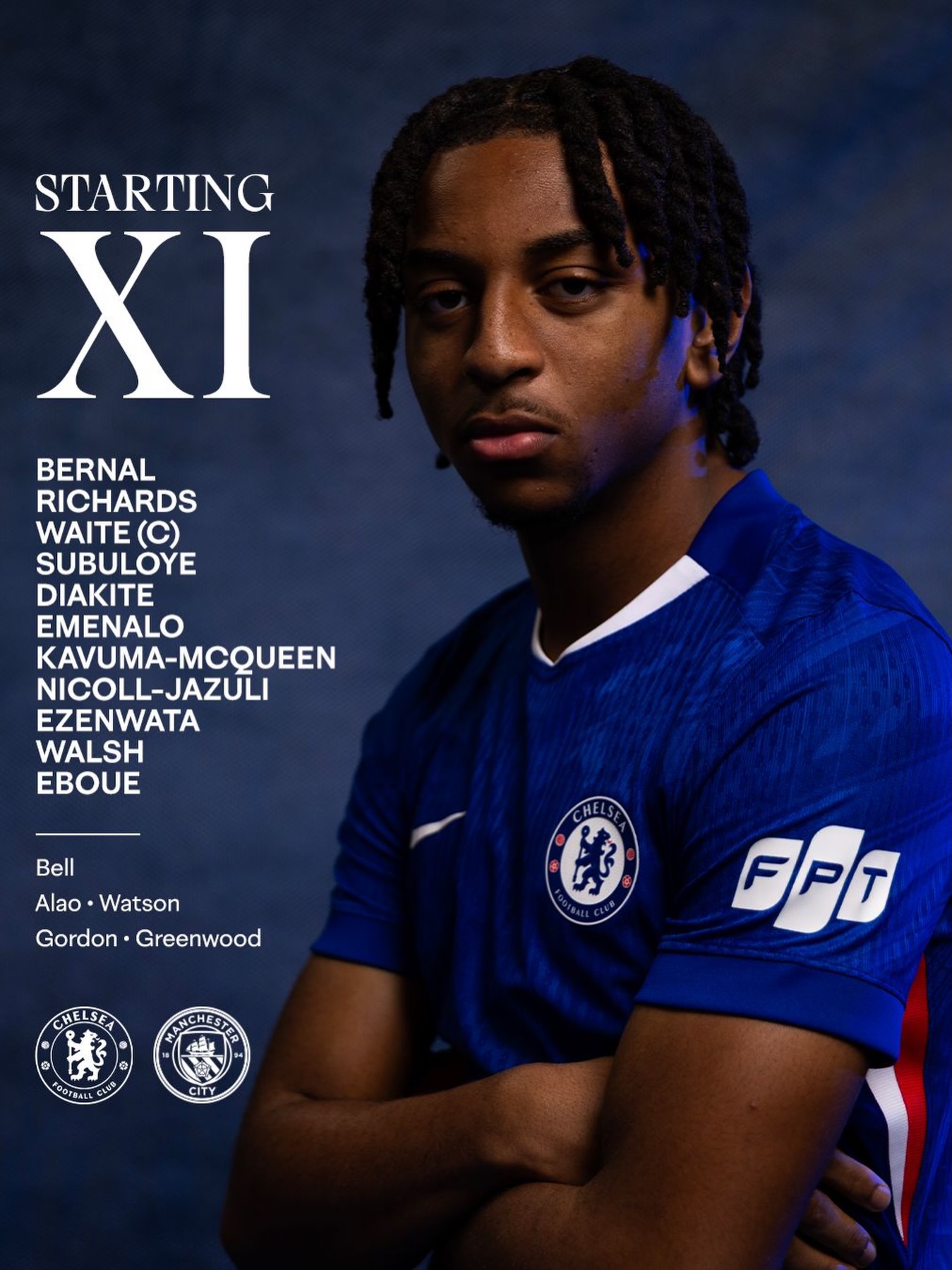 Your Young Blues for the #U18PL National Final against Manchester City. 🫡🔵

Watch live from 19:00 BST on the Chelsea Official App and website! 🎥