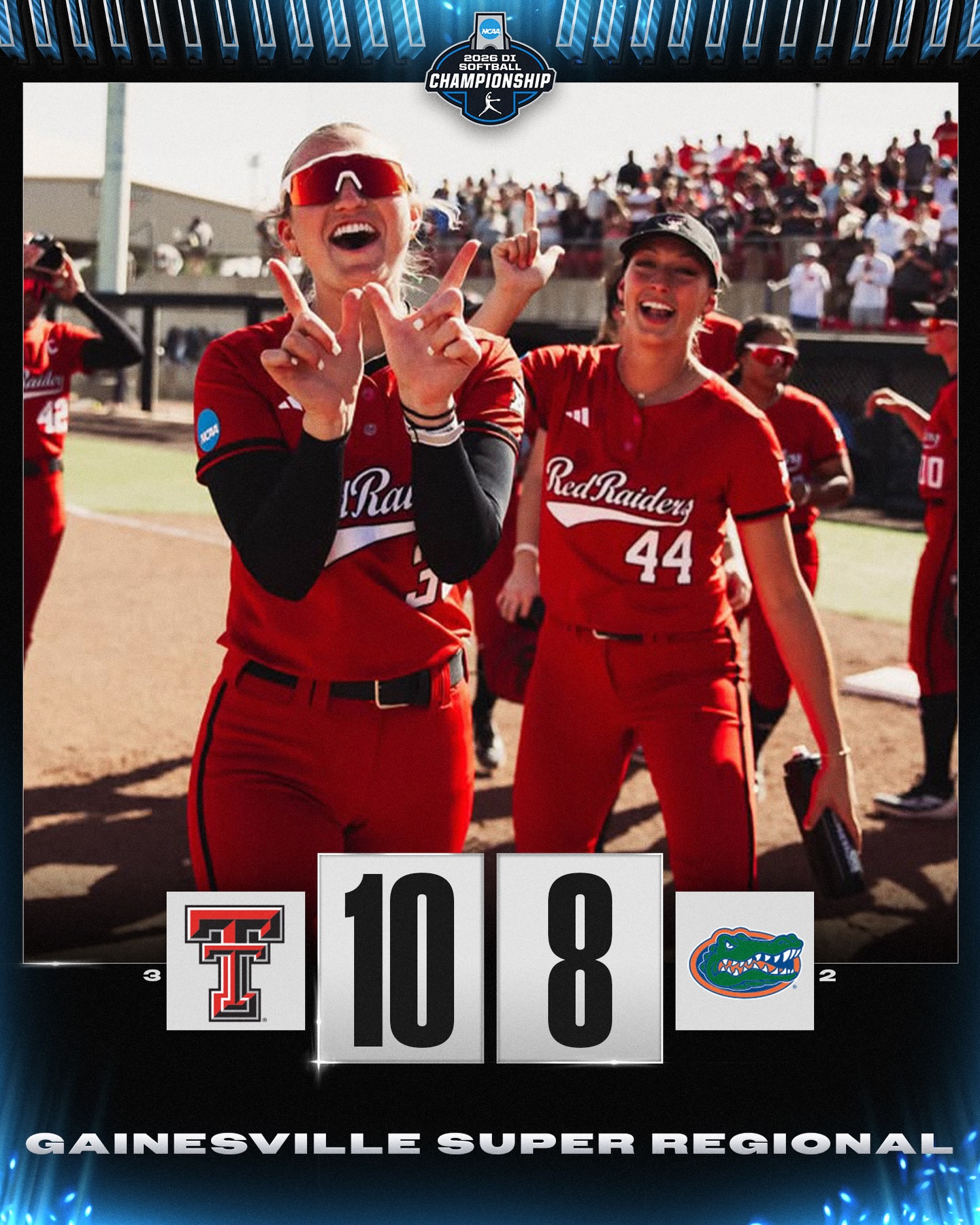 TEXAS TECH TAKES A CRAZY GAME ONE ‼️

(3) @texastechsb defeats (2) Florida, 10-8, to win game one of the Gainesville Super Regional! 

#RoadToWCWS