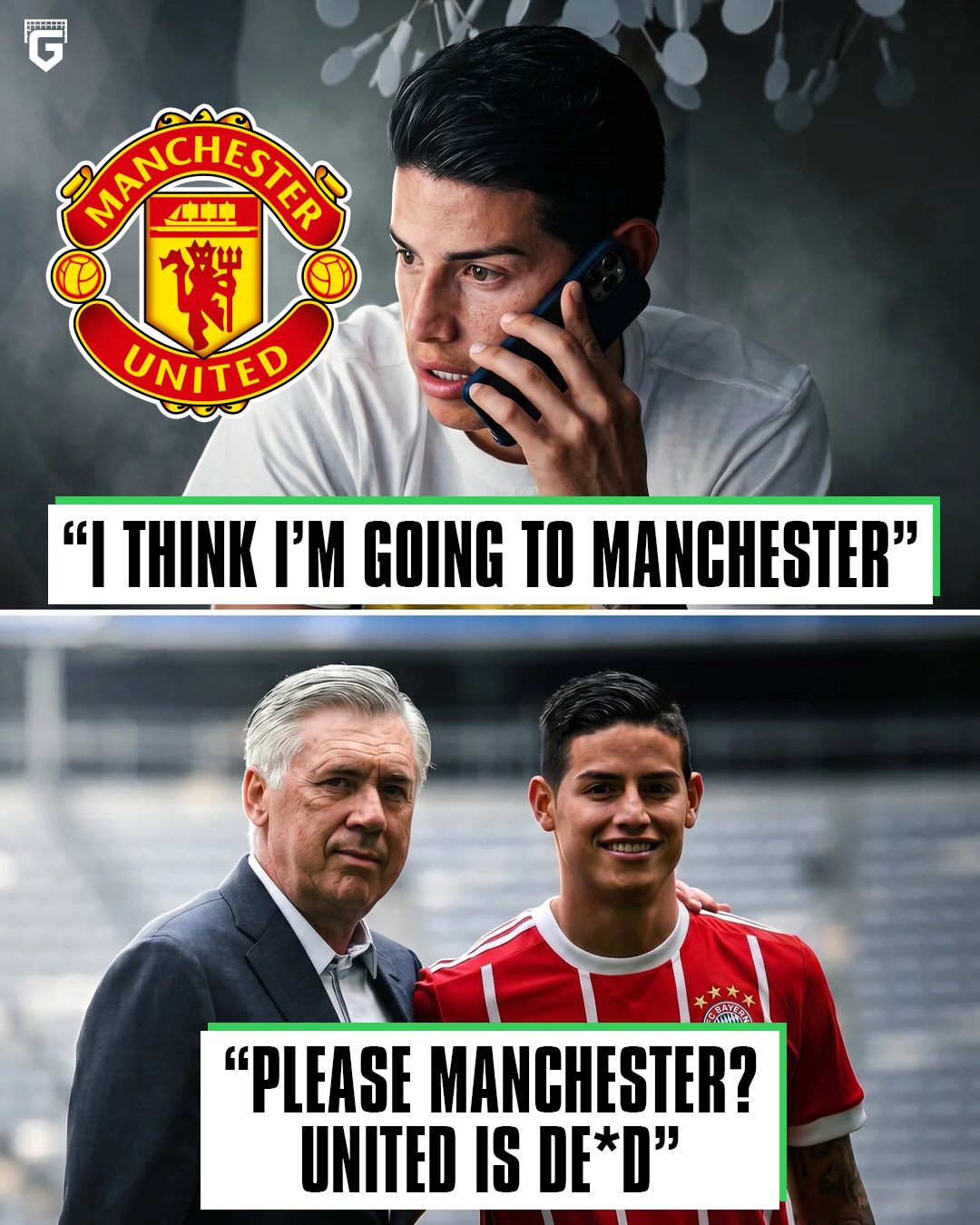 🚨🎙| James Rodriguez: “Nobody knows this… but after Real Madrid: I was going to go to Manchester United and Jorge (Mendes) tells me: ‘Do you want to go to Bayern?’. 

And I say: ‘Where am I going to play? Ribéry, Robben...’. He tells me: ‘Carlo asked for you’.🔥

Carlo calls me and I tell him: ‘I think I’m going to Manchester’. And he responds: ‘Please Manchester? United is DEAD. You have to come here with me’.”👀