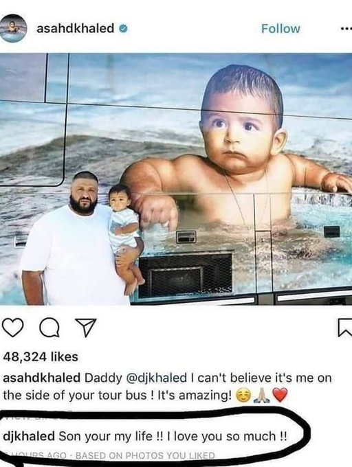 In 2017, DJ Khaled was regularly commenting on posts from @asahdkhaled using his personal Instagram account, even though many people believed the page was actually being managed and posted by Khaled himself.

The interactions quickly became a meme online, with fans joking that Khaled was basically hyping himself up through his son’s account.