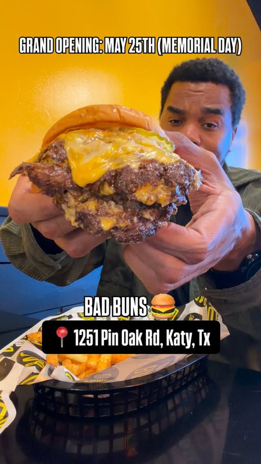 GRAND OPENING for @_badbuns  new location in Katy, Tx is this coming Memorial Day (May 25th). Everything on the menu will be 50% OFF ALL DAY!. Make sure to follow @_badbuns for my info. 

Triple Smash w/ Fries 🍔 
Bad Fries 🍟 
Curly Fries 🍟 
Onion Rings 🧅 

Milkshakes: 
Oreo Extreme 
Mucho Mango 
Caramel Toffee 
Nutella

#houston #houstonfood #houstoneats #smashburgers