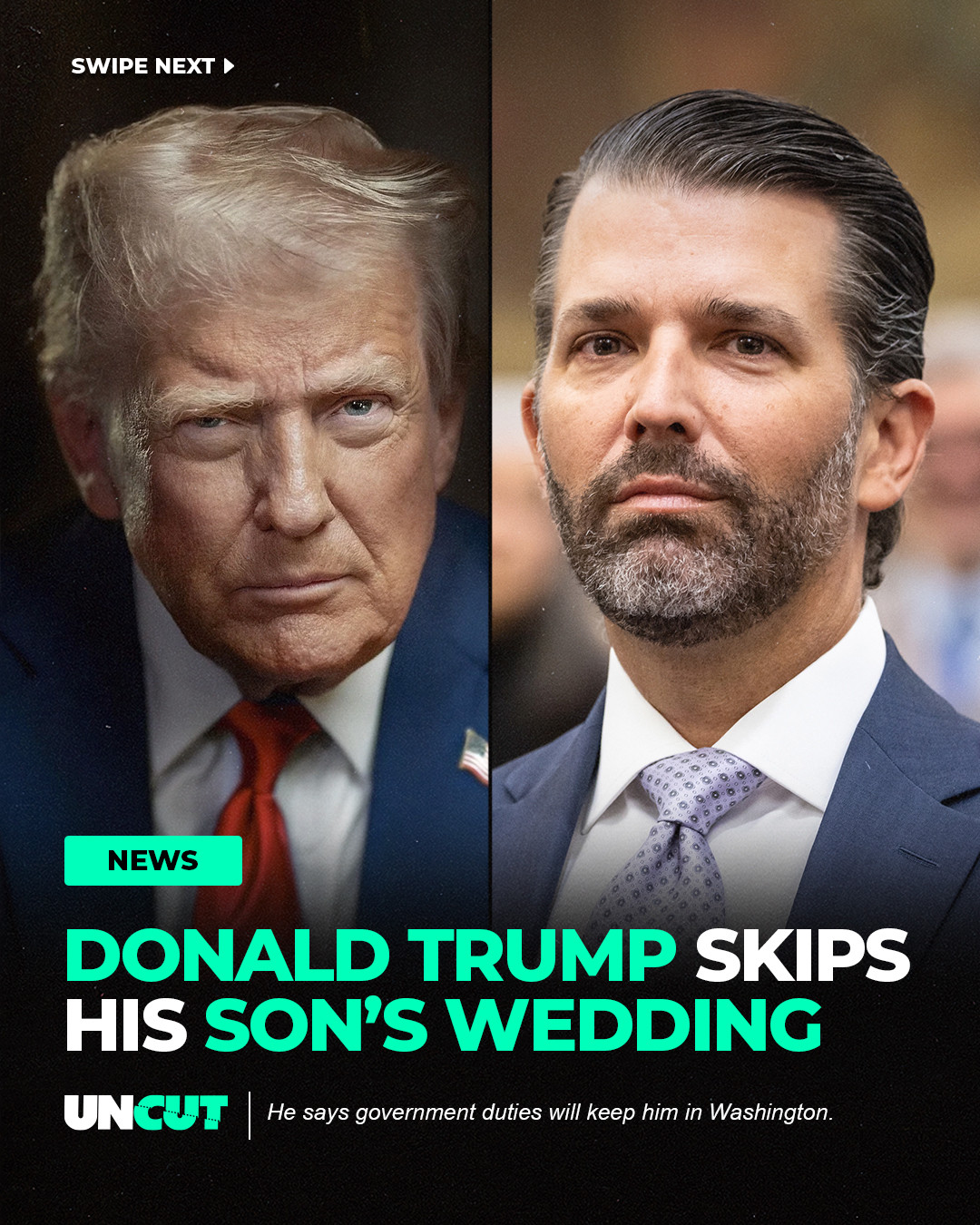Donald Trump says he will not attend Donald Trump Jr.’s wedding this weekend, saying government duties require him to stay in Washington 🇺🇸⁠
⁠
Trump said he wanted to be there for Don Jr. and Bettina Anderson, but “circumstances pertaining to Government” and his “love for the United States” would not allow it. The wedding is reportedly taking place on a small island in the Bahamas 💍⁠
⁠
What do y’all think⁉️👀