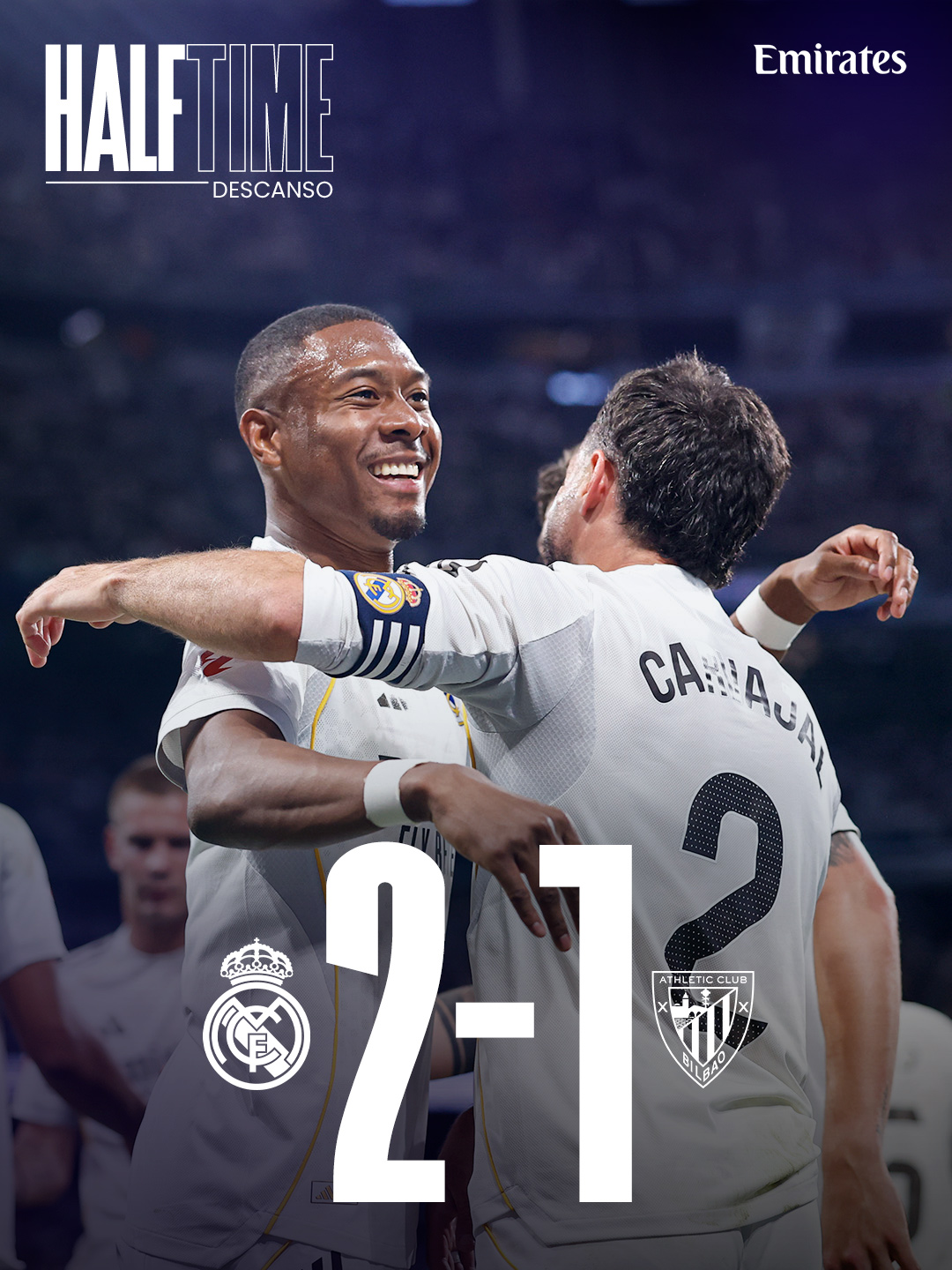 ⏸️ HT: Real Madrid 2-1 Athletic Club
⚽ 12' @gonzalogarcia7_
⚽ 41' @judebellingham
⚽️ 45’+1’ Guruzeta 
@Emirates | #RealMadridAthletic