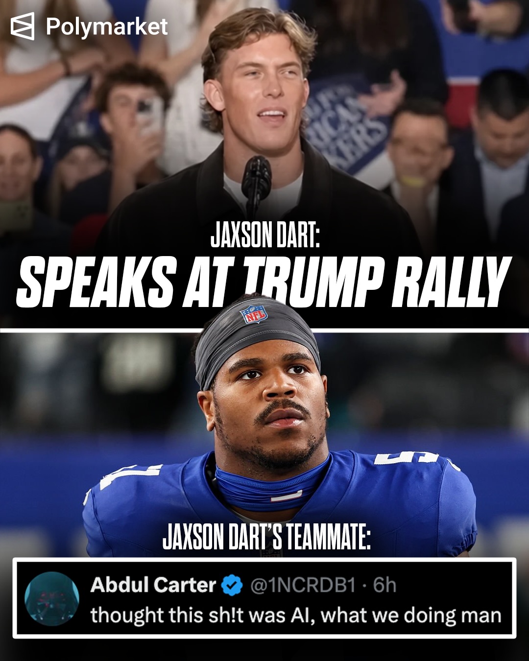 Jaxson Dart showed up to a Trump rally and introduced Donald Trump… Abdul Carter was hoping it was AI😮‍💨