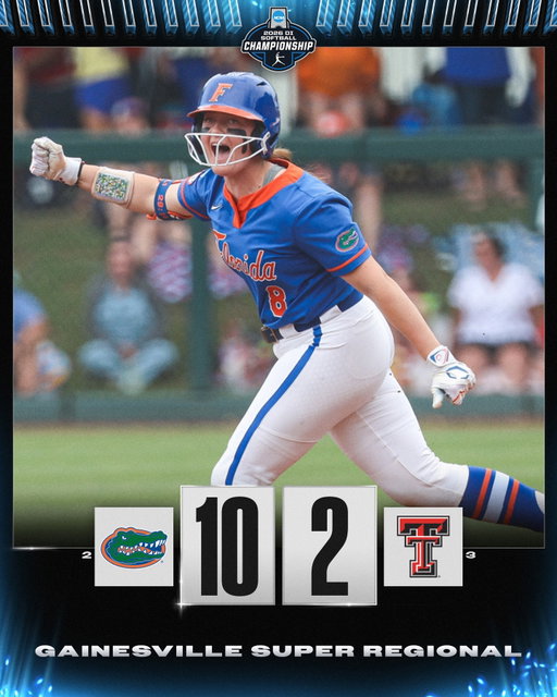 GAME 2️⃣ GOES TO THE GATORS 👀

(2) @gatorssb defeats (3) Texas Tech, 10-2, to win game two of the Gainesville Super Regional! 

#RoadToWCWS