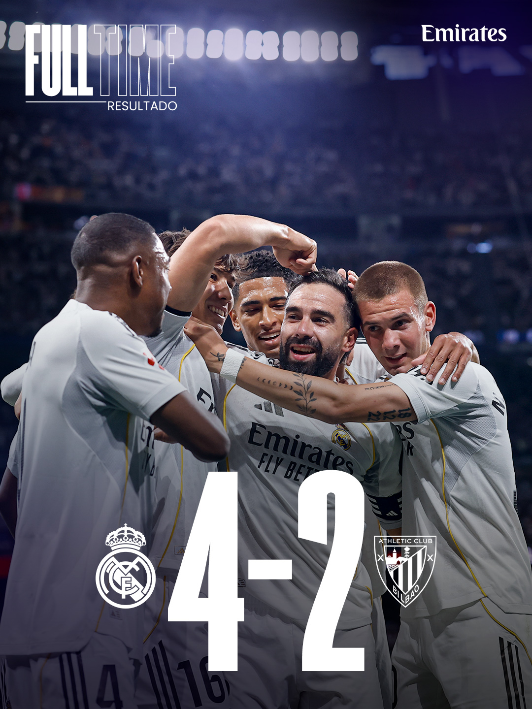 🏁 FT: Real Madrid 4-2 Athletic Club
⚽ 12' @gonzalogarcia7_
⚽ 41' @judebellingham
⚽ 45'+1' Guruzeta
⚽ 51' @K.Mbappe
⚽ 89' @Brahim
⚽ 90'+1' Izeta
@Emirates | #RealMadridAthletic
