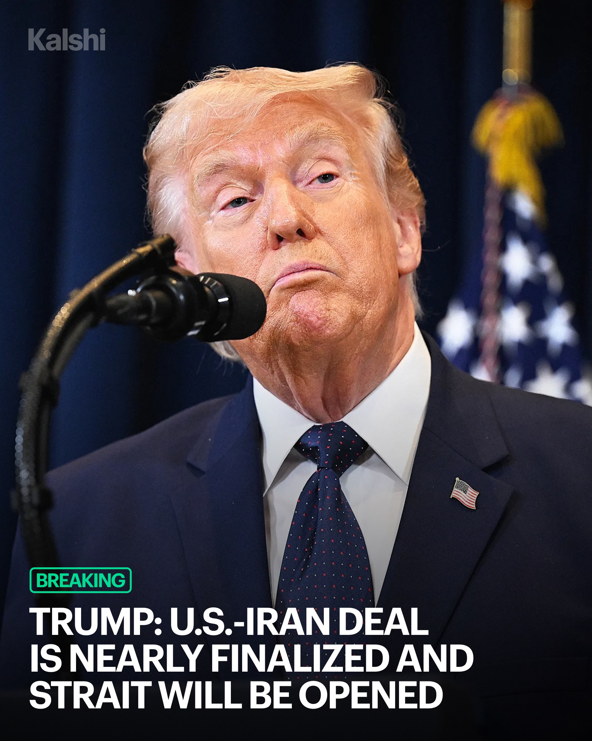 President Trump says a U.S.-Iran agreement has been largely negotiated, though Iran has pushed back on claims that a final deal has been reached.

Traders currently give a 66% chance that traffic through the Strait of Hormuz returns to normal before August as negotiations continue.