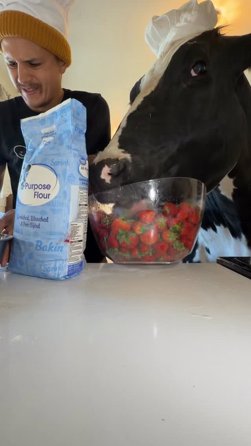 Trying to make strawberry shortcake with Bruce! #cow #brucethecow #farm #animals