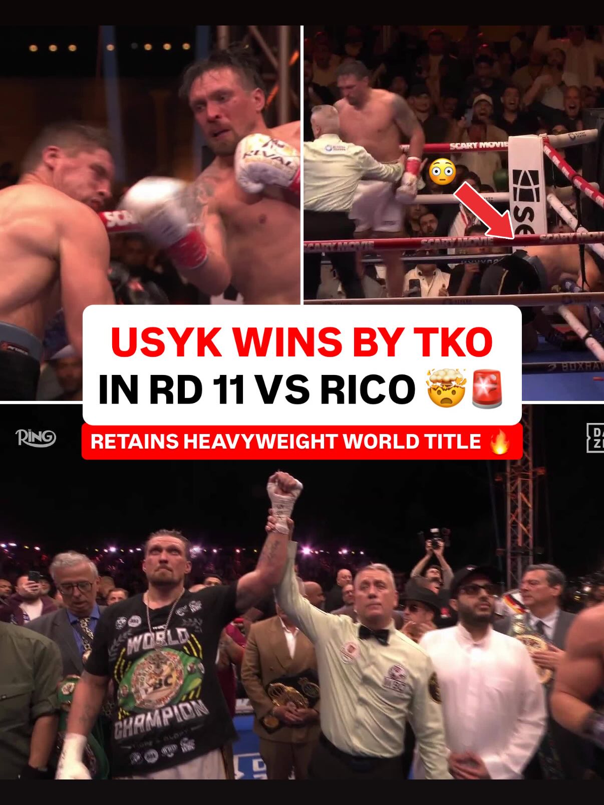 OLEKSANDR USYK DEFENDS WORLD HEAVYWEIGHT TITLE AFTER WILD FINISH IN ROUND 11 🤯 🚨

REF JUMPED IN AND STOPPED THE FIGHT 😯

🥊 Live on @daznboxing #UsykRico