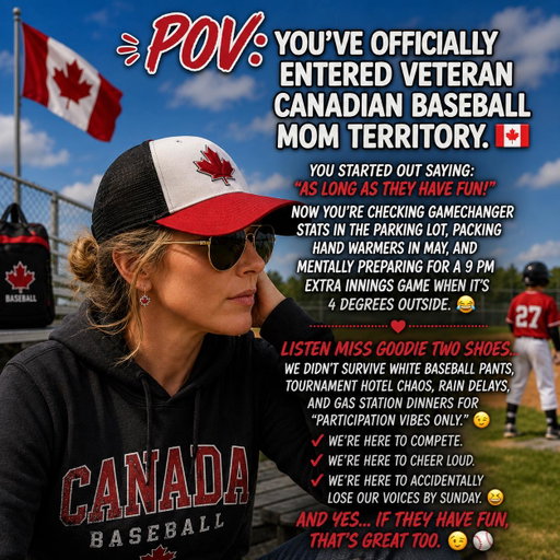 POV: you’ve officially entered veteran Canadian baseball mom territory. 🇨🇦⚾️

You started out saying:
“As long as they have fun!”

Now you’re checking GameChanger stats in the parking lot, packing hand warmers in MAY, and mentally preparing for a 9 PM extra innings game when it’s 4 degrees outside. 😂

Listen Miss Goodie Two Shoes…
we didn’t survive white baseball pants, tournament hotel chaos, rain delays, and gas station dinners for “participation vibes only.”

We’re here to compete.
We’re here to cheer loud.
We’re here to accidentally lose our voices by Sunday.

And yes… if they have fun, that’s great too. 😏⚾️

Join the Canadian Baseball Mom Club today! Be a part of a group of supportive baseball moms!

Link in bio. Or go here: https://forms.gle/EhXbBLbHuL52otT48 

#CanadasBaseballMom #BaseballMomLife #TravelBallMom #CanadianBaseballMoms