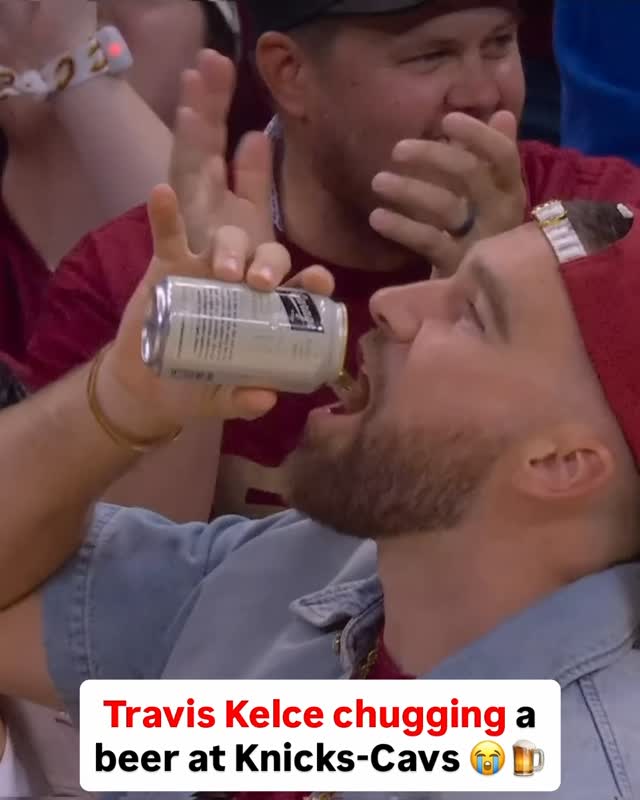 “I don’t know if his girlfriend’s gonna like to see him chugging beers like that” 😭

Travis Kelce brought the vibes to Game 3 of Knicks-Cavs😂🍺