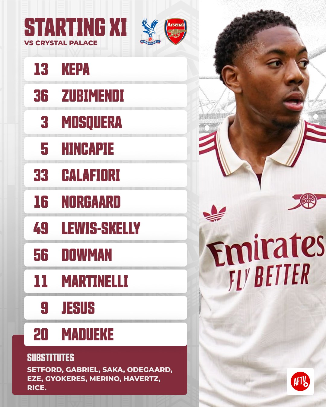 Our 𝐒𝐓𝐀𝐑𝐓𝐈𝐍𝐆 𝐗𝐈 against Crystal Palace in the PL season finale this afternoon! 👊

Thoughts on the team selection? 🤔