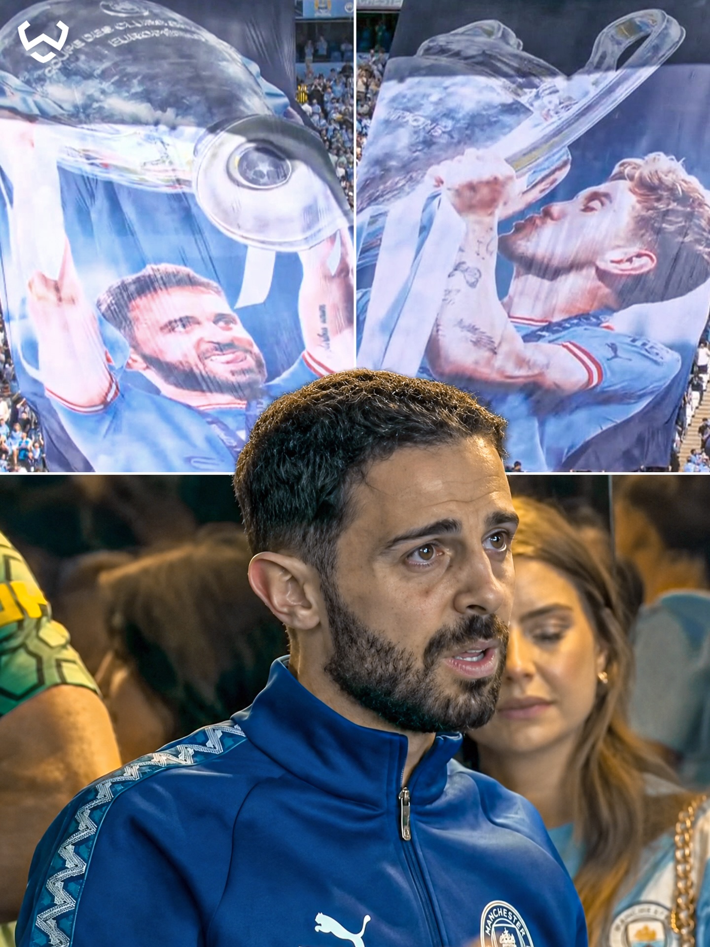 Bernardo Silva was already emotional walking out for his final Manchester City game 🥺🩵

The City legend received a special tifo from the fans, alongside John Stones, who is also saying goodbye in his final match for the club.
