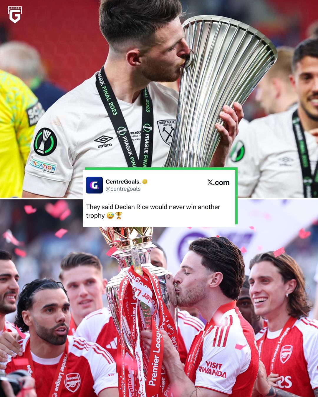 Declan Rice now has another trophy to his name after lifting the Premier League title with Arsenal 🥳

It was only 3 years ago when Declan Rice also lifted the UEFA Conference League trophy, fans would go back to that image and mock the Englishman for joining Arsenal, claiming that would be his last title ever…

The joke age too well 👏🏼