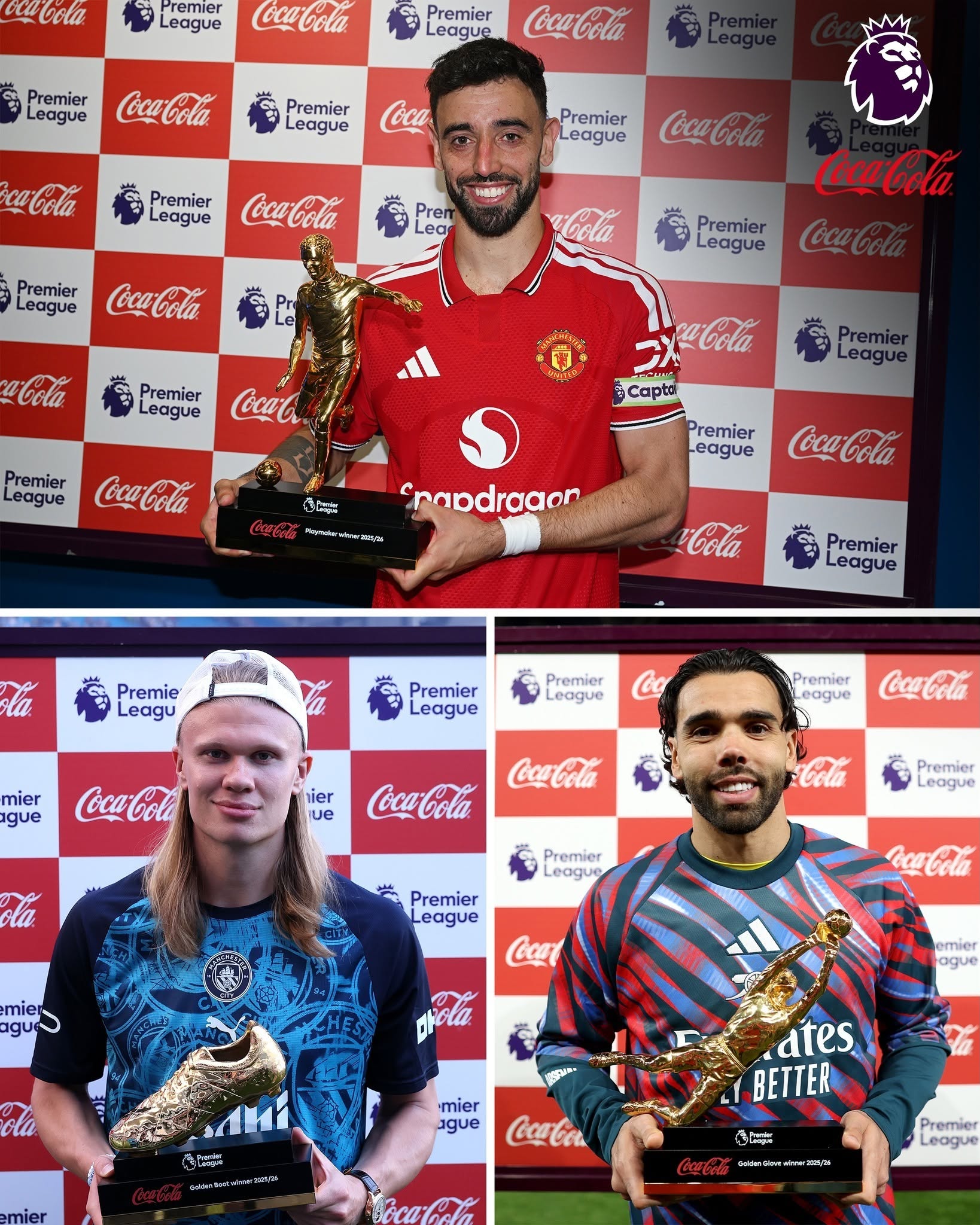 Our @cocacolaeurope Golden Award winners...

Golden Boot: Erling Haaland (27 goals)
Golden Glove: David Raya (19 clean sheets)
Playmaker: Bruno Fernandes (21 assists)