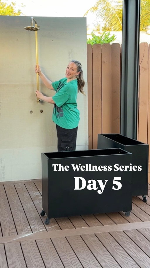Follow & Comment “planter” and I’ll send you the link to these rolling planters!

Welcome to Day 5 of #neverleaving: The Wellness Series 🌱

Are you Team Stripes or Team Checkers?!

See you tomorrow for TILE DAY! 😍

#backyard #outdoorshower #sauna #tile