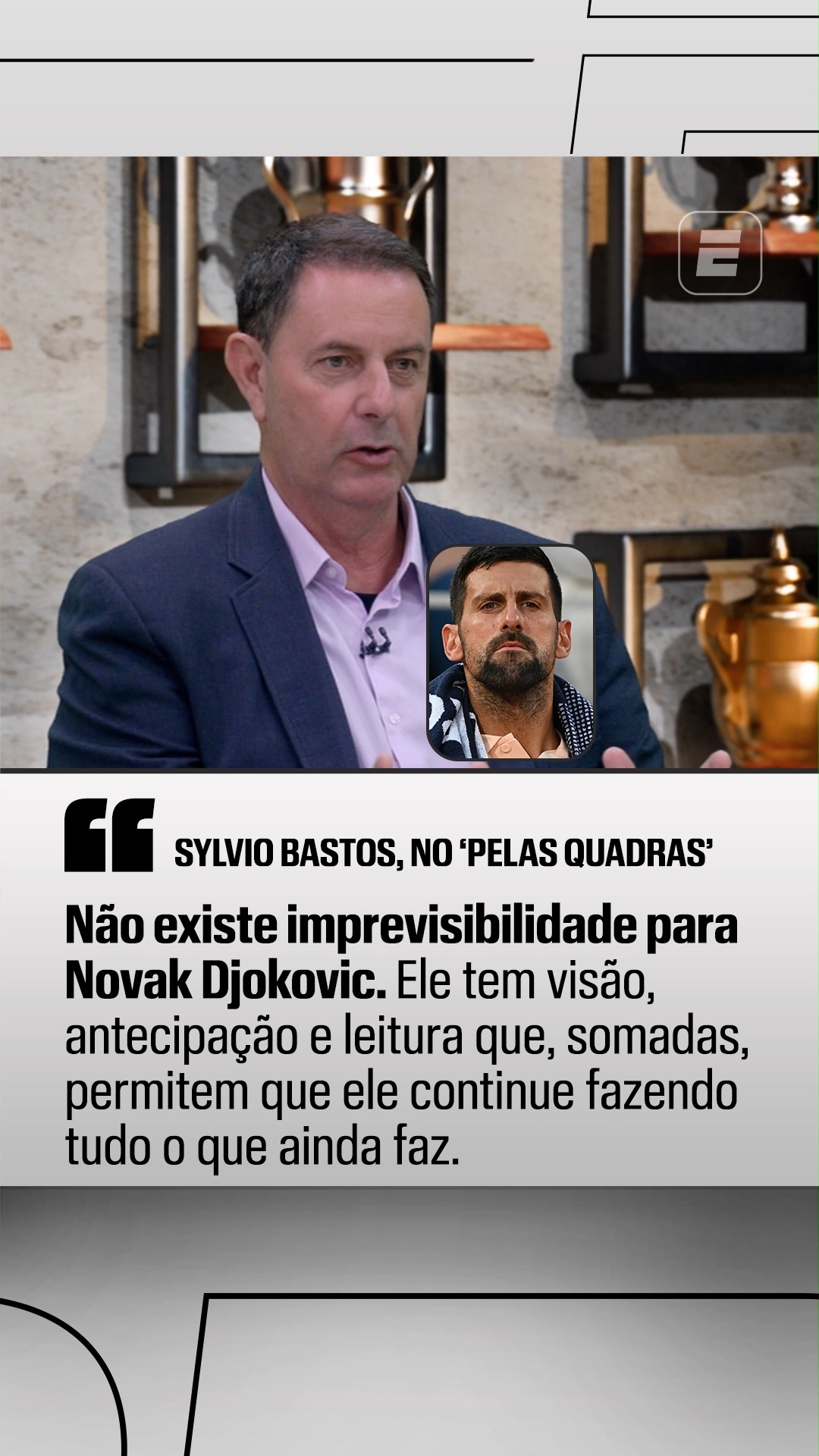 Durante o Pelas Quadras, Sylvio Bastos rasgou elogios a Novak Djokovic e reforçou as qualidades do tenista sérvio de 39 anos.

ASSISTA a TODAS as quadras de Roland Garros pela ESPN no Plano Premium do #DisneyPlus

#TenisNaESPN #Betano
