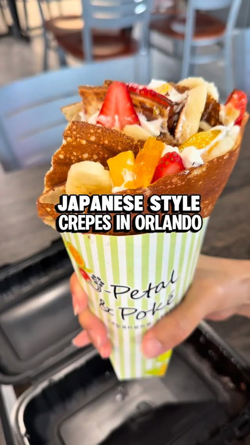 Japanese-style crepe spots in East Orlando? Try out J-Petal & Poke - Located at 1100 N. Alafaya Trail #130, Orlando, FL 32828, near UCF in Waterford Lakes. 

J-Petal specializes in Japanese street-style crepes—thin, soft crepes wrapped into cones and filled with fresh fruit, cheesecake, ice cream, whipped cream, Nutella, matcha, and other sweet toppings. 

Unlike traditional French crepes, these are designed to be handheld.

While poke bowls and bubble tea are available, the crepes are the real standout. Popular choices include Strawberry Banana Nutella, Oreo Cheesecake, Mango Crepes, and other dessert creations packed with layers of flavor and texture. The combination of fresh fruit, airy whipped cream, and warm crepe gives them a unique experience that’s difficult to find elsewhere in Orlando. Check them out asap and follow us at @tastychomps for more!