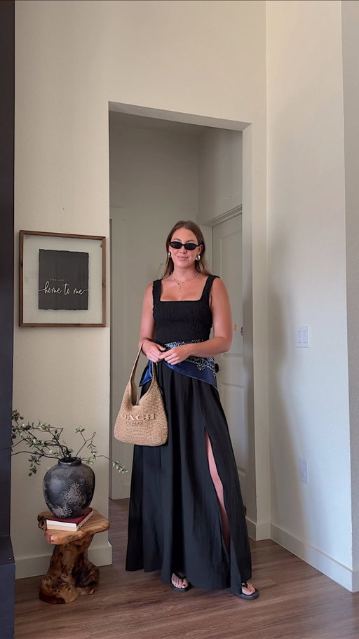 1 maxi dress styled 4 ways! Comment WANT for ⛓️‍💥s. Which outfit is your fave? 

Ways to wear, how to style, black maxi dress https://liketk.it/6e1AN