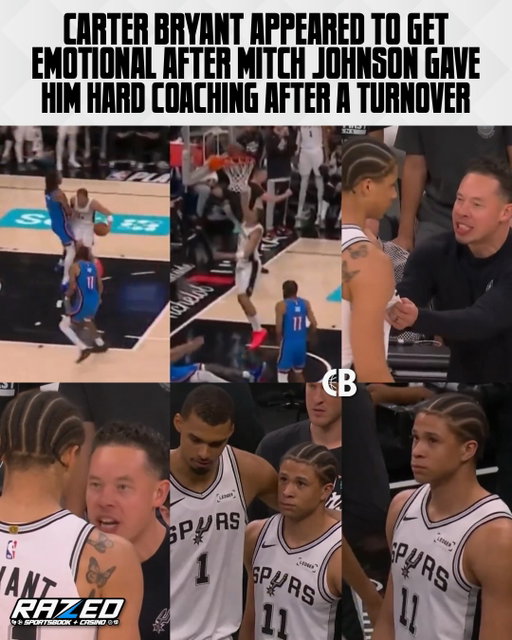 San Antonio Spurs rookie Carter Bryant appeared to get emotional after head coach Mitch Johnson gave him hard coaching after an offensive foul — his fourth foul — in Game 4 😳

Bryant went to the bench, where he was hugged & given words of encouragement by Victor Wembanyama, before being subbed out of the game. 

Johnson has said he coaches 20 year old Bryant hard because he sees his true potential & because he wants him to make mistakes early in his career to learn from. 

Thoughts? 🤔