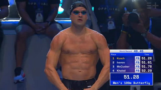 @mariuskusch takes first place in the men’s 100m butterfly.