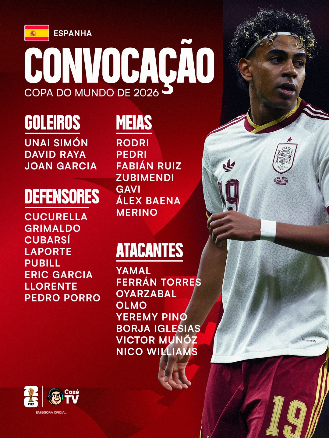 ESPANHA CONVOCADA ✅🇪🇸

Com Lamine Yamal na lista, esses são os 26 espanhos que vão disputara o Mundial!!!

🚨 𝐒𝐄 𝐓𝐄𝐌 𝐂𝐎𝐏𝐀, 𝐄𝐒𝐐𝐔𝐄𝐂𝐄! É na CazéTV! 🤩📺

#CopaNaCazéTV #CopaDoMundo #CoberturaCazéTV #cztv05