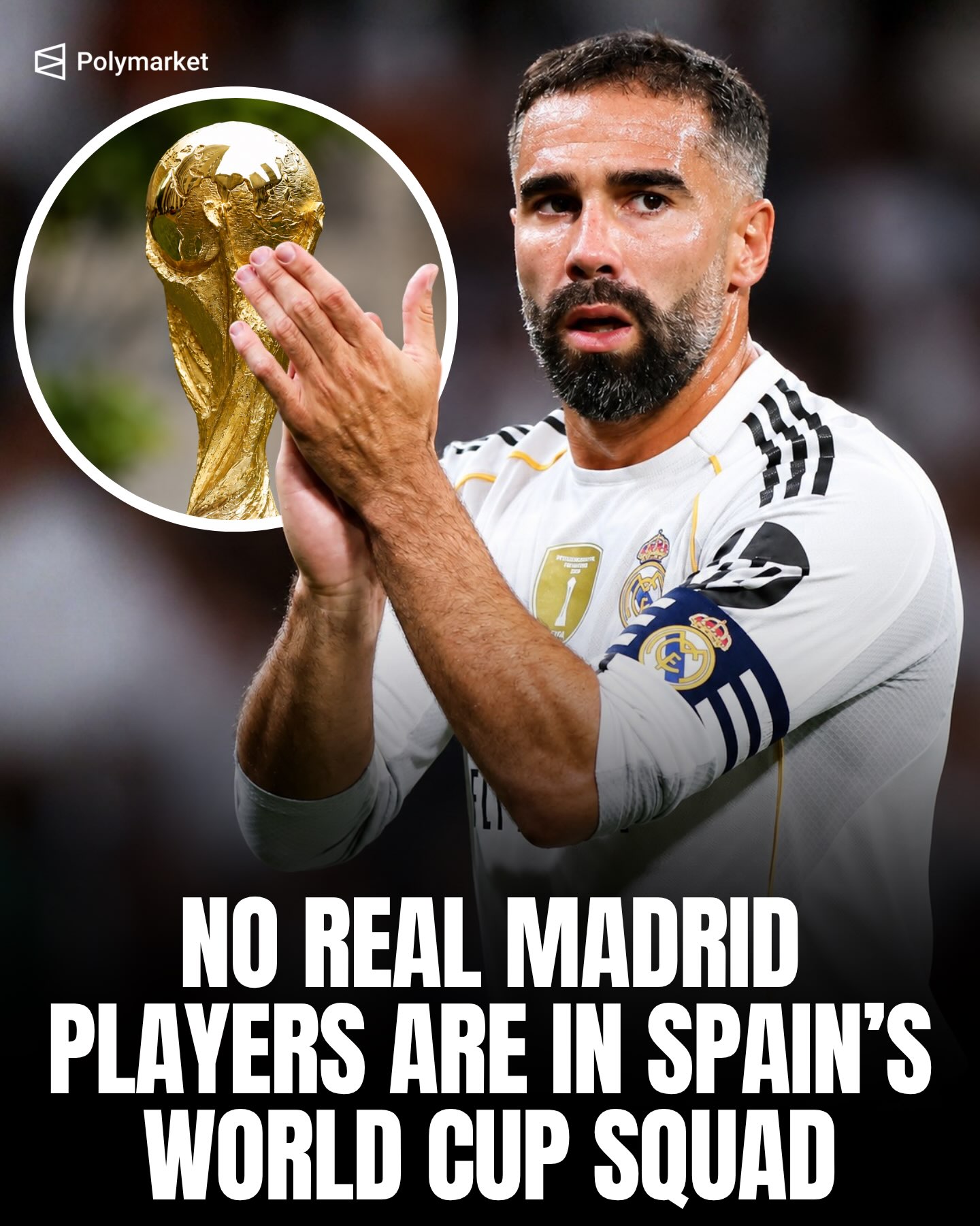 🚨🤯 BREAKING: The official Spain squad to go to the World Cup has been announced and not a single Real Madrid player was taken. 

This has seen their chances of winning the tournament increase on Polymarket 📈