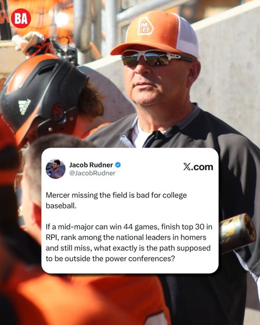 Mercer did exactly what college baseball keeps telling mid-majors to do, writes BA college baseball expert @jacobrudnerba 

@mercer.baseball: 

- Won 44 games
- Finished No. 28 in RPI, making the Bears one of the highest-ranked teams by RPI to miss the field in the super regional era.
- Ranked third nationally in home runs.
- Beat Georgia Tech.
- Won a series against The Citadel, the very team that ultimately stole the Southern Conference’s automatic bid.

So what exactly are programs like Mercer supposed to conclude from this?

Read more at baseballamerica.com.