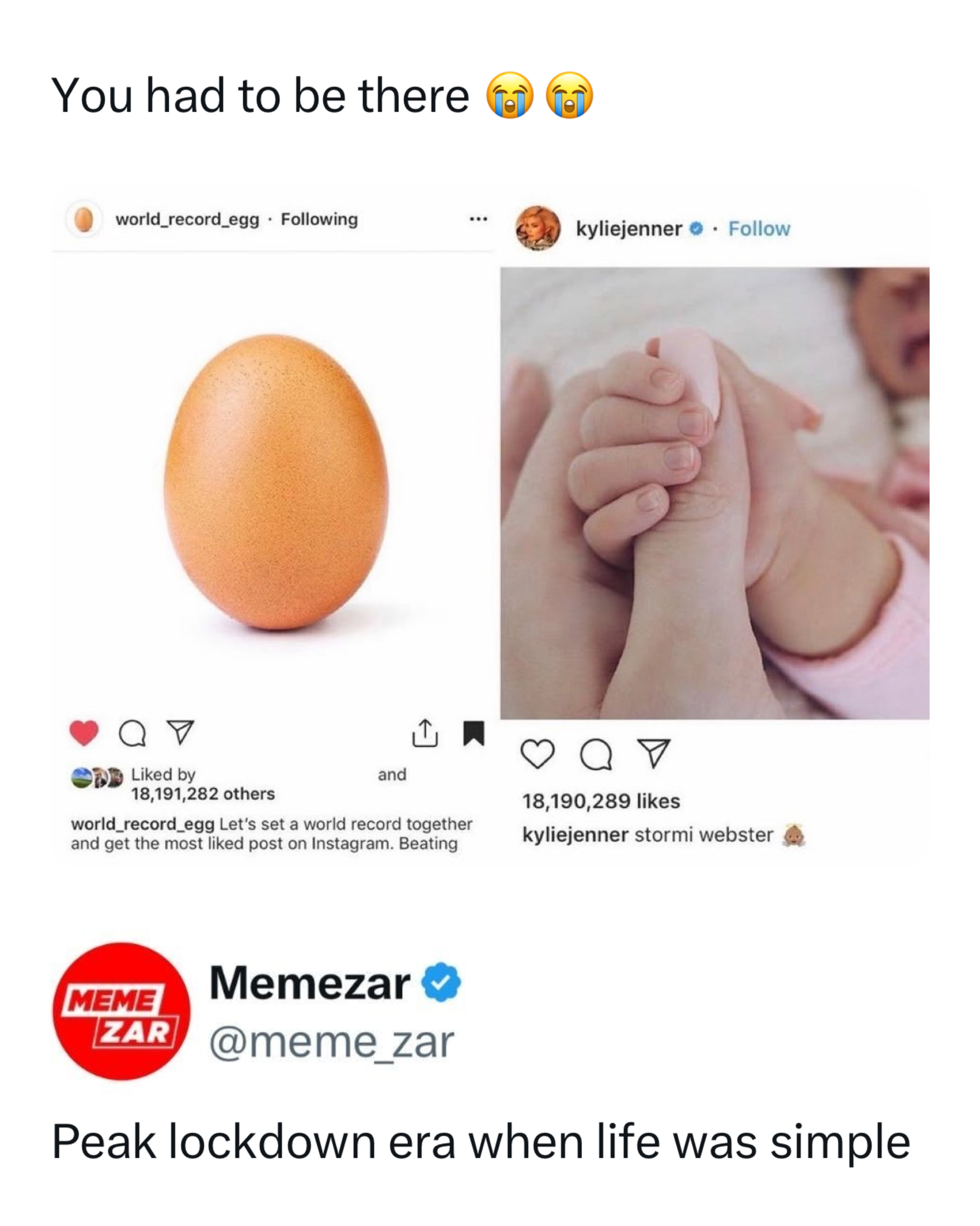 2019 internet was really just all of us uniting behind an egg for absolutely no reason 😭

On January 4, 2019, the Instagram account (world_record_egg) posted a simple photo of an egg with one goal: beat Kylie Jenner’s most liked Instagram post. What started as a random joke quickly turned into a global internet movement, with millions of people liking the post just to be part of the chaos. Within days, the egg became one of the biggest viral moments ever online. ￼

The craziest part is that the account was later revealed to be run by Chris Godfrey, who used the massive attention to promote a mental health awareness campaign about social media pressure. A literal egg managed to unite the internet, break records and spread a positive message all at the same time.

Like this content? Follow @memezar for more ❤️

#memezar #worldrecordegg #lockdownlife #nostalgia #viralmemes