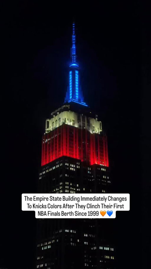 The Empire State Building immediately changes to NY Knicks colors after they make their first NBA Finals berth since 1999! 🔥
