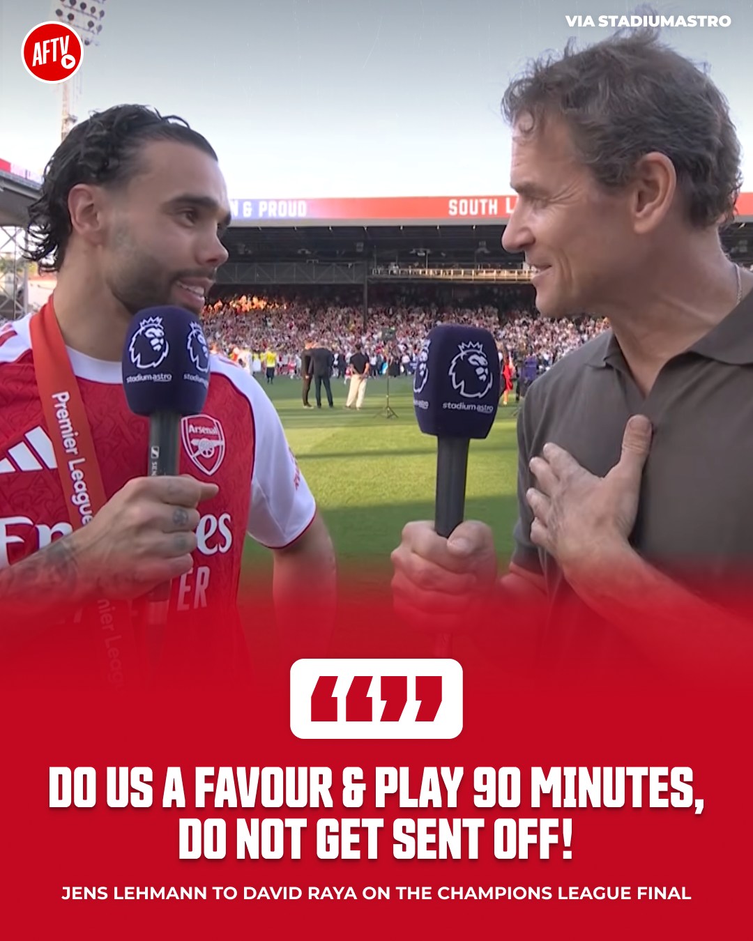 Jens Lehmann shared advice from real-life experience with David Raya ahead of our Champions League Final 🤝 

Now let’s finish the job not just for the fans, but for every Arsenal team that came close and never got the chance to lift this trophy 🏆️

𝐓𝐡𝐢𝐬 𝐢𝐬 𝐟𝐨𝐫 𝐚𝐥𝐥 𝐨𝐟 𝐭𝐡𝐞𝐦 🫵❤️