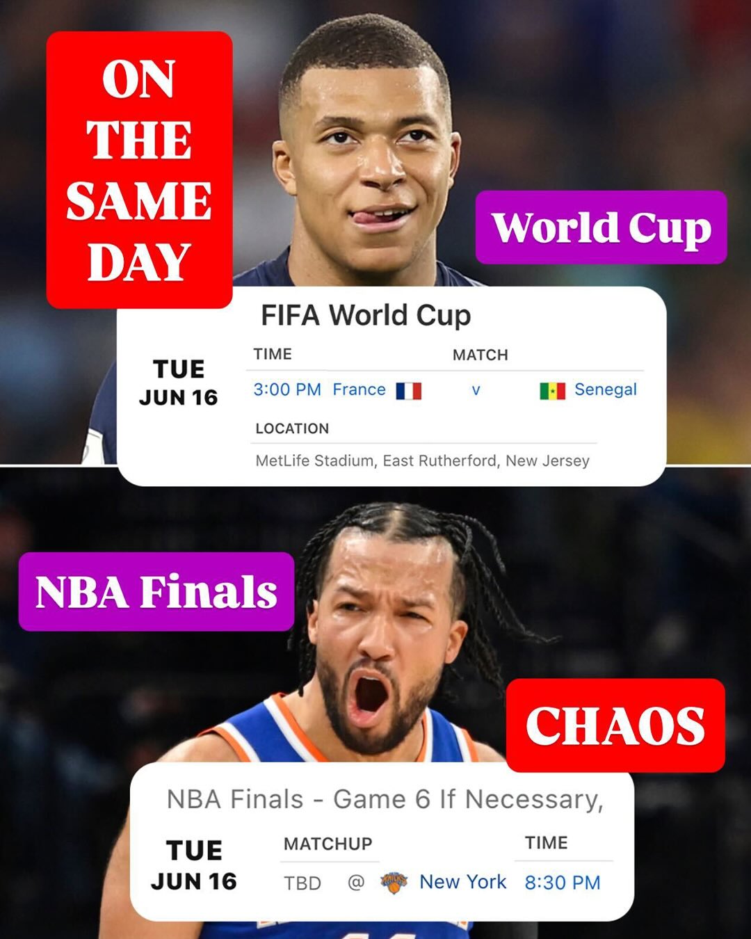 June 16th might be complete anarchy in NYC 😱 A World Cup game will be ending around the same time Game 6 of NBA Finals is beginning at MSG. The streets of New York that day might be overrun 😳 (via @espnnewyork, @equipedefrance, Maestro__1905/TT)