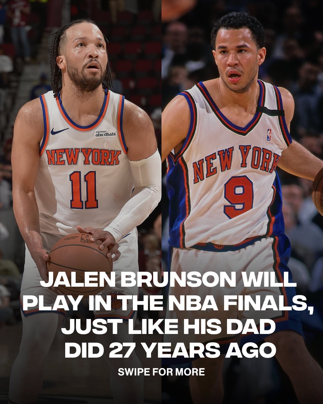 like father, like son 💙🧡

27 years after Rick Brunson played on the Knicks’ last NBA Finals team in 1999, his son Jalen Brunson is now helping lead New York back to the Finals. The Knicks secured their first NBA Finals appearance since 1999, making the Brunsons part of two different Finals runs in franchise history.

[📸: GETTY ]