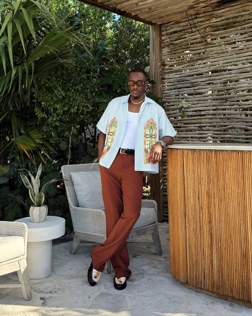 Escape the ordinary. 

- Saints Stained Glass Short Sleeve Button Up
- Golden Hour Slit Slim Flare Trousers