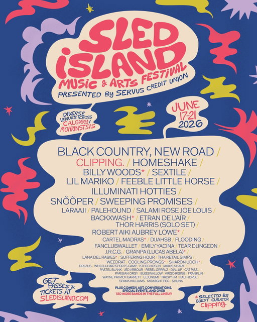 The annual Sled Island Music & Arts Festival is back June 17 - 21! Experience over 200 bands plus comedy, art, conferences and much more in diverse venues across Calgary, Alberta! 

Featuring experimental hip-hop trio @clppng as guest curator, English chamber folk ensemble @blackcountrynewroad, revered Canadian pop project HOMESHAKE (@pitrrsugr), renowned abstract rapper billy woods (@armandhammernyc), LA synth punks @sextileband, unhinged hyperpop rapper Lil Mariko (@katmarikoz), fuzzy indie rock outfit @feeblelittlehorse, “tenderpunk” four-piece illuminati hotties (@ih.rips), outlandish egg punk group @snooper_7, NYC-based ambient pioneer @laraaji_official, emotive and technique-heavy alt-rock group @palehound, genre-bending dream pop artist @salamirosejoelouis, horrorcore noise rap artist @backxwash, Nigerien desert rock band @etrandelair, a new solo project from multidisciplinary artist and Sled Island alum @thorharris (Swans, Thor & Friends, Ben Frost), and many, many more.

Select tickets are still available, but they’re moving fast! For more information and to make your purchase, visit SledIsland.com!

Presented in partnership with @servusalberta. 

Thank you to our sponsors and funders at Servus Credit Union, @downtowncalgary, @eightyeightbrewco, @dandybrewing, @thebloxyyc, @confluence_distilling, Structured Abstraction, @afa.1991, @youralberta, governmentofcanada, @cityofcalgary, @calgaryartsdev, @factorcanada, @rozsafoundation, @hotelsofyyc_cha and @socanfdn.