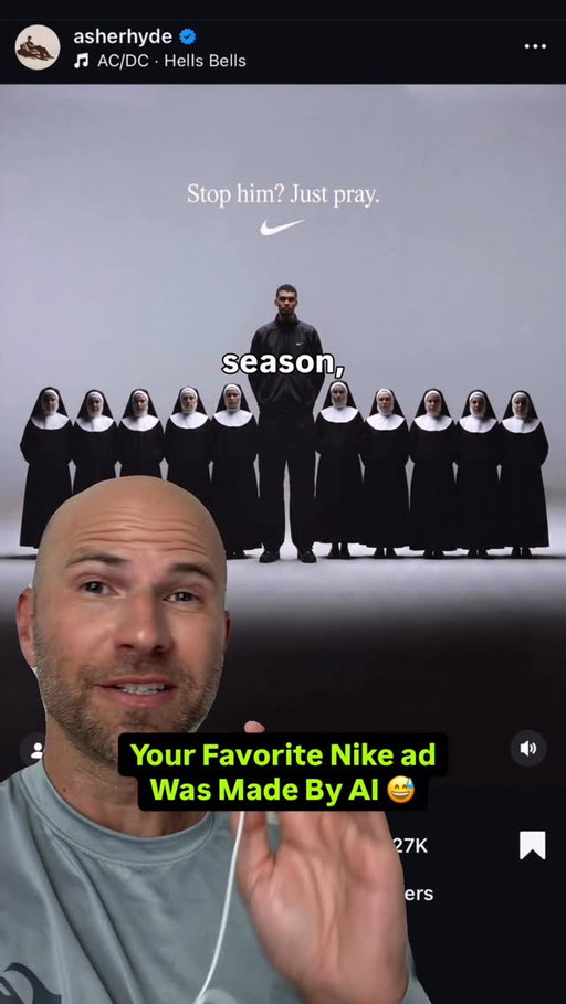 Your favorite Nike ad during the NBA playoffs was not made by Nike 😅 it was made by @asherhyde @cole  @houseofgraphiks or a bunch of others by the day. Most suck, but these are getting pretty dang good. 
Idk what Nike can do other than to hire these creators in or start aggressively guarding their trademark. Maybe they get the benefit of good ones, but they also had major blow back to ones created in concept with the swoosh scars on a black man’s back. This goes both ways & is a tough problem to tackle. What should Nike do?