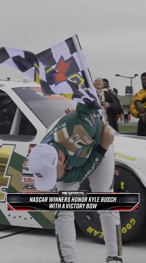 Layne Riggs, Ross Chastain, and Daniel Suarez each honored Kyle Busch at Charlotte Motor Speedway with Rowdy's signature victory bow.