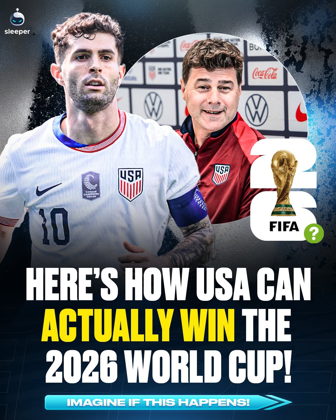USA could actually win the World Cup… let us explain. 😅⚽️

We’ve broken down their route to the final and there’s a *small* chance… but certainly a chance it happens. 👀

Facing Lamine Yamal in the quarters? Lightwork for Pulisic, the LeBron James of soccer. 😉

You’d think a final against England could be tough for Mauricio Pochettino’s team… until you realise USA have NEVER lost to them at a World Cup. 🤣

Of course this is all a bit of fun, but how far can they go this summer? 🤔

#worldcup2026 #usmnt #usa