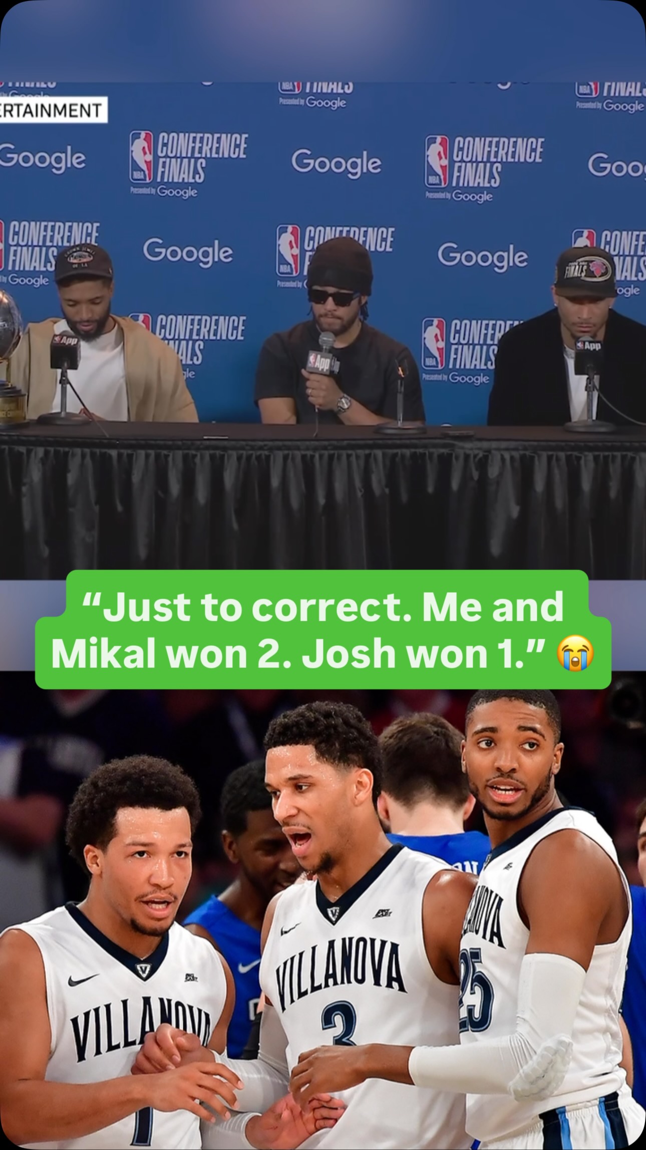 Jalen Brunson had to correct a reporter on the number of national titles between the Villanova trio 🤣