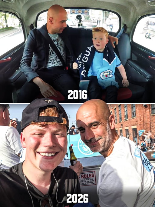 🎞️ In 2016 a 7 year-old Man City fan, Braydon, shared a taxi with Pep Guardiola and told him: “With you, we are going to win 𝐚𝐥𝐥 𝐭𝐡𝐞 𝐭𝐫𝐨𝐩𝐡𝐢𝐞𝐬. Will you do it?” 💙💭

Pep simply replied: “All the trophies? 𝐖𝐞’𝐫𝐞 𝐠𝐨𝐢𝐧𝐠 𝐭𝐨 𝐭𝐫𝐲!” 👀

Ten years later, Braydon, who now also works for the club, attended the celebration parade, Guardiola’s last one, and took this photo remembering their first meeting 🥹📸

𝑷𝒆𝒑 𝒌𝒆𝒑𝒕 𝒉𝒊𝒔 𝒑𝒓𝒐𝒎𝒊𝒔𝒆… 𝒉𝒆 𝒘𝒐𝒏 𝑨𝑳𝑳 𝑻𝑯𝑬 𝑻𝑹𝑶𝑷𝑯𝑰𝑬𝑺 🏆