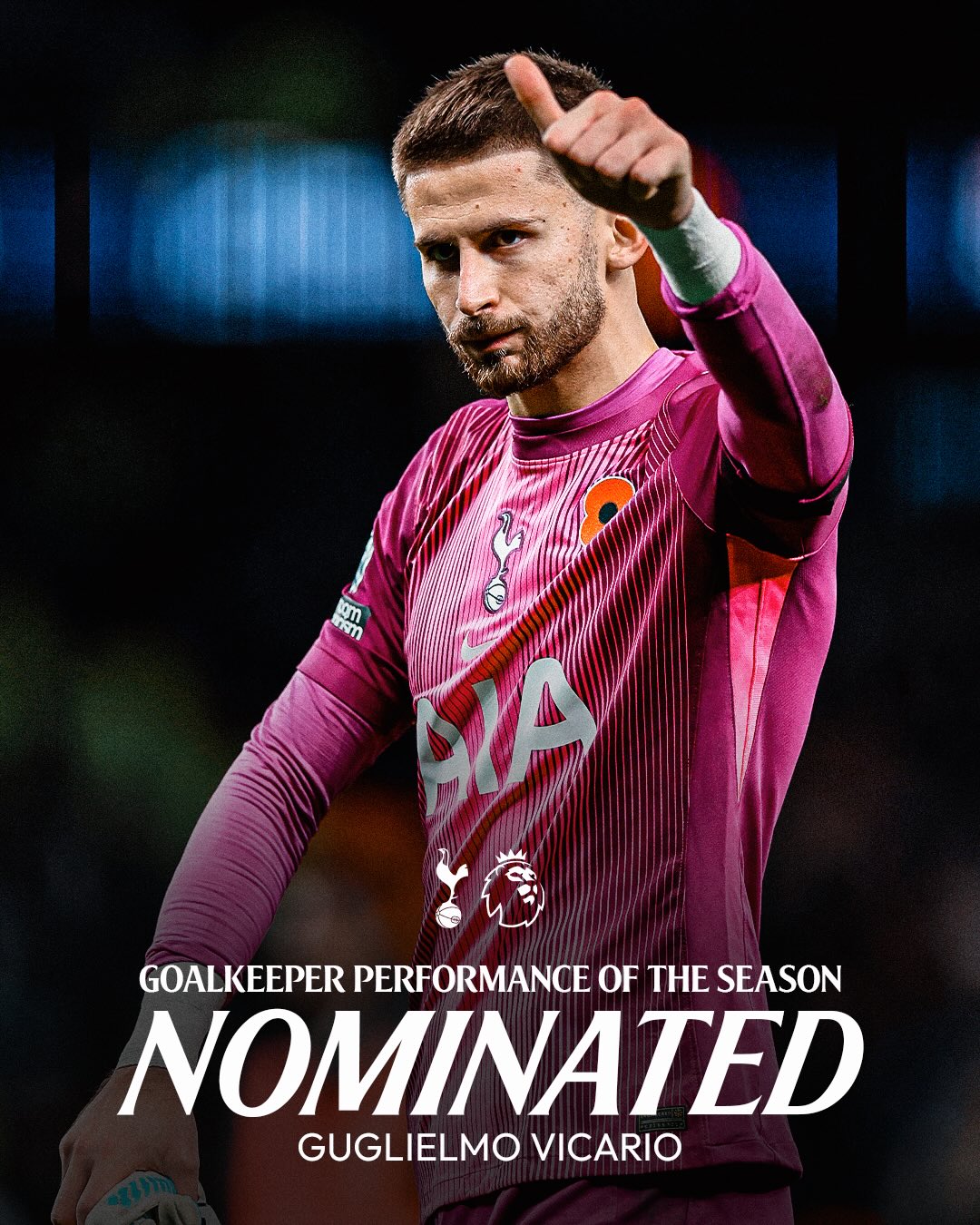 Guglielmo Vicario has been nominated for Premier League Goalkeeper Performance of the Season for his display against Chelsea in November 🧤

Vote here at the link in our story 🗳️