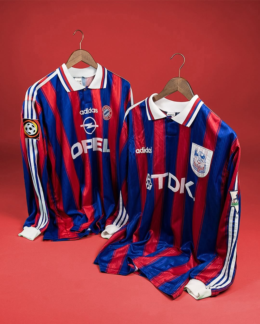 Did you know Crystal Palace and Bayern Munich had the exact same home shirt in the late 90s? 🧐

Bayern Munich wore this adidas design from 1995 to 1997 while Crystal Palace wore it a year later until 1998. The shirt is exactly the same, same stripe variation, same collar trim (there was another version with a slightly different design), same colours, the only design difference (other than the crest and sponsor) was the adidas logo. On the Bayern Munich shirt it was centralised whereas on the Crystal Palace shirt it was on the right hand side opposite the crest.

This was Palace’s first adidas shirt since 1983/84 and was worn in the highs and lows of winning the Play-Off Final and also finishing bottom the following year. Bayern Munich have since declared that they wouldn’t be wearing red and blue again due to fan pressure around blue being the colour of their rivals.

Obviously clubs sharing a shirt design isn’t anything revolutionary but we’ve always thought this was an interesting combination.