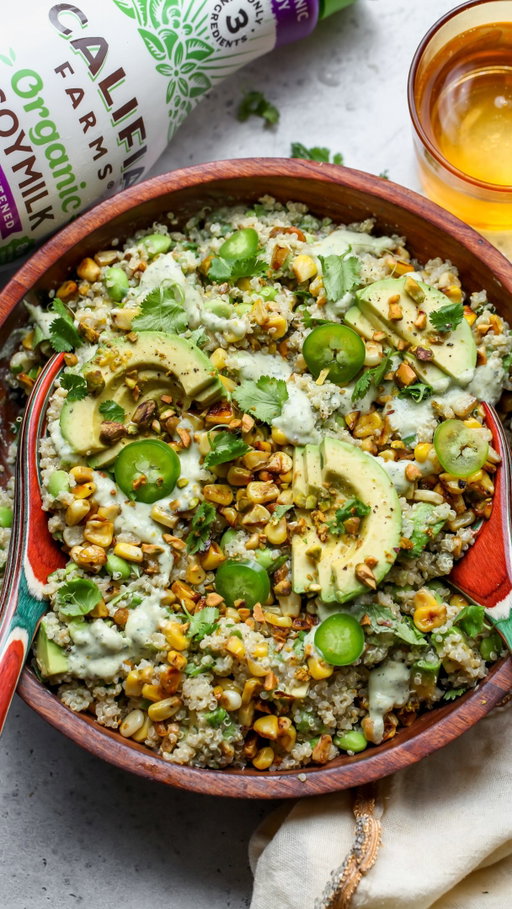 Charred Corn and Edamame Quinoa Salad with Scallion Ranch. A protein- and fiber-filled summer salad that’s nourishing, filling, and completely plant-based.

The star of the show is the Scallion-Soy Ranch, which gets its creamy character from @califiafarms Organic Soymilk. Made with the simplest ingredients (and 8g protein per serving!), its mild, neutral taste gives it endless versatility in both sweet and savory applications. It’s quickly become my go-to plant milk for smoothies, baking, and creamy dressings. #califiapartner

Here’s what you need:
▢ 1 cup dry quinoa
▢ 1 1/2 cups frozen shelled edamame
▢ 2 large ears fresh corn
▢ 3/4 tsp. ground cumin
▢ kosher salt + black pepper
▢ 1 large ripe avocado, divided (a portion of this is used in the dressing)
▢ 1/2 cup coarsely chopped fresh cilantro
▢ 1/3 cup roasted pistachios (sub toasted pepitas)
▢ 1 fresh jalapeño

Charred Scallion Ranch
▢ 1 Tbsp. extra-virgin olive oil (for cooking scallions)
▢ 3 scallions
▢ 3/4 cup Califia Farms Organic Soymilk
▢ 1/4 large, ripe avocado (~3 to 4 Tbsp.)
▢ 2 Tbsp. finely chopped fresh dill (or 1 tsp. dried dill)
▢ 1 Tbsp. fresh lemon juice
▢ 2 tsp. white wine vinegar
▢ 1 tsp. white miso paste
▢ 1 tsp. granulated garlic (or garlic powder)
▢ 1/2 tsp. onion powder
▢ 1/2 tsp. each kosher salt and black pepper

For the FULL recipe, comment “Full recipe” below and I’ll send it directly to your DMs!

You can also click the link in my bio for full access to ALL of my recipes!✨

#dairyfree #lunchideas #edamame #quinoasalad