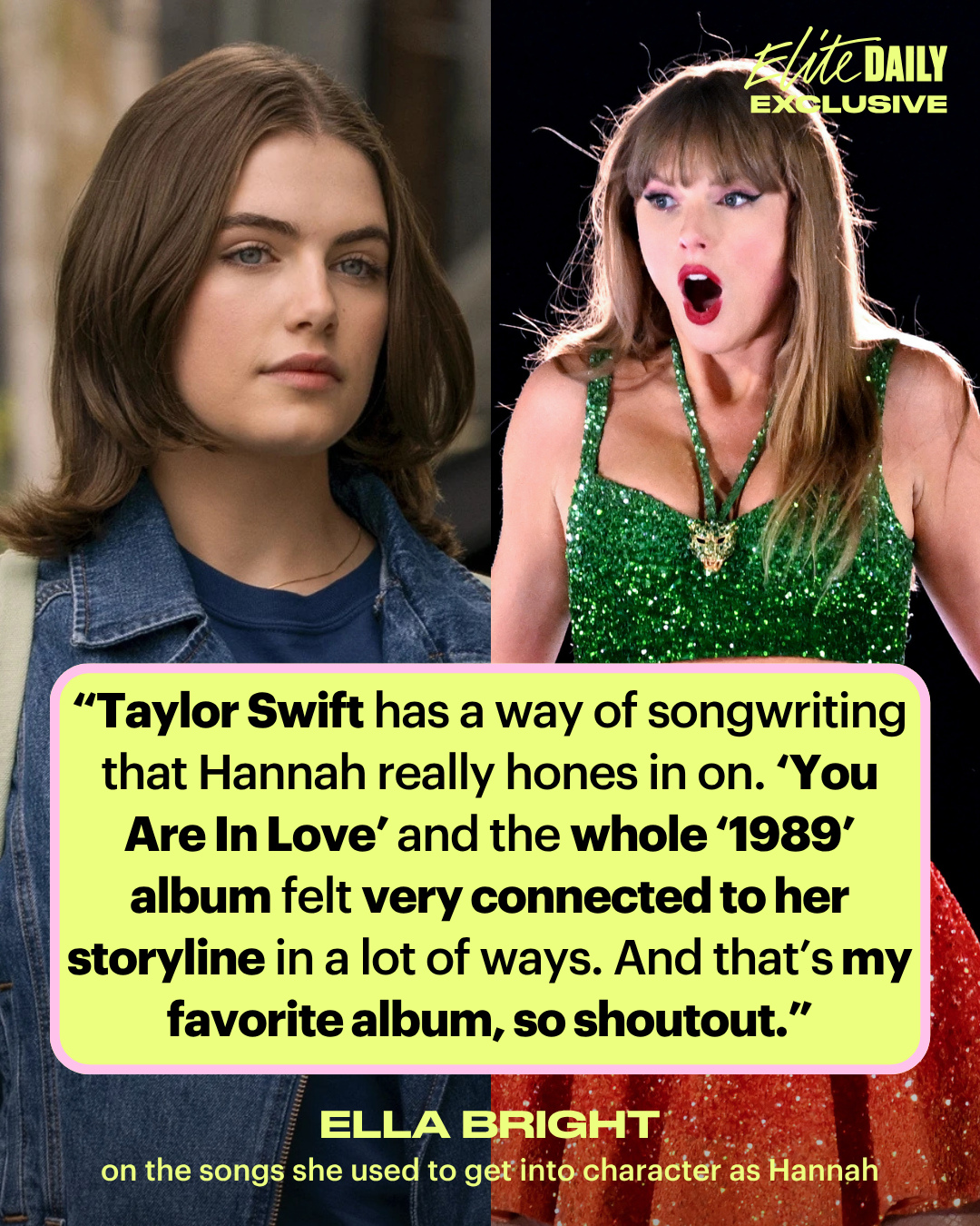 Ella Bright is a self-proclaimed “huge Swiftie,” so when she got the role of aspiring songwriter Hannah Wells in Prime Video’s adaptation of the buzzy hockey romance series 'Off Campus,' she knew exactly who to turn to for inspiration. Early in the show, Hannah’s bestie Allie encourages the classical composer to break out of her box and embrace the emotional lyricism of Taylor Swift. This line also motivated Bright to dive into Swift’s discography as a way to craft her portrayal of Hannah — and one album in particular pulled the most weight. Read our full interview at the link in bio.⁠
⁠
Photos: #OffCampus / Getty #TaylorSwift #EllaBright