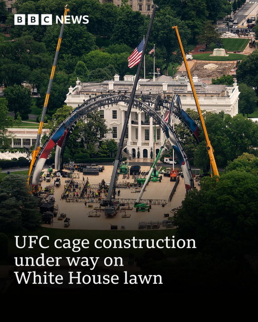 Work to build a UFC fighting cage on the White House’s South Lawn is under way.
 
It comes ahead of next month's event to celebrate 250 years of American independence.
 
US President Donald Trump previously said the project will be the "biggest event" the UFC has ever had, featuring an "arena right outside the front door of the White House".
 
Workers have been seen putting together domed arches and a staging area, which will be home to the fenced fighting octagon and thousands of temporary seats.
 
Tap the link in BBCNews’s bio to find out who will be attending.
 
(📷 Getty)
 
#UFC #BBCNews