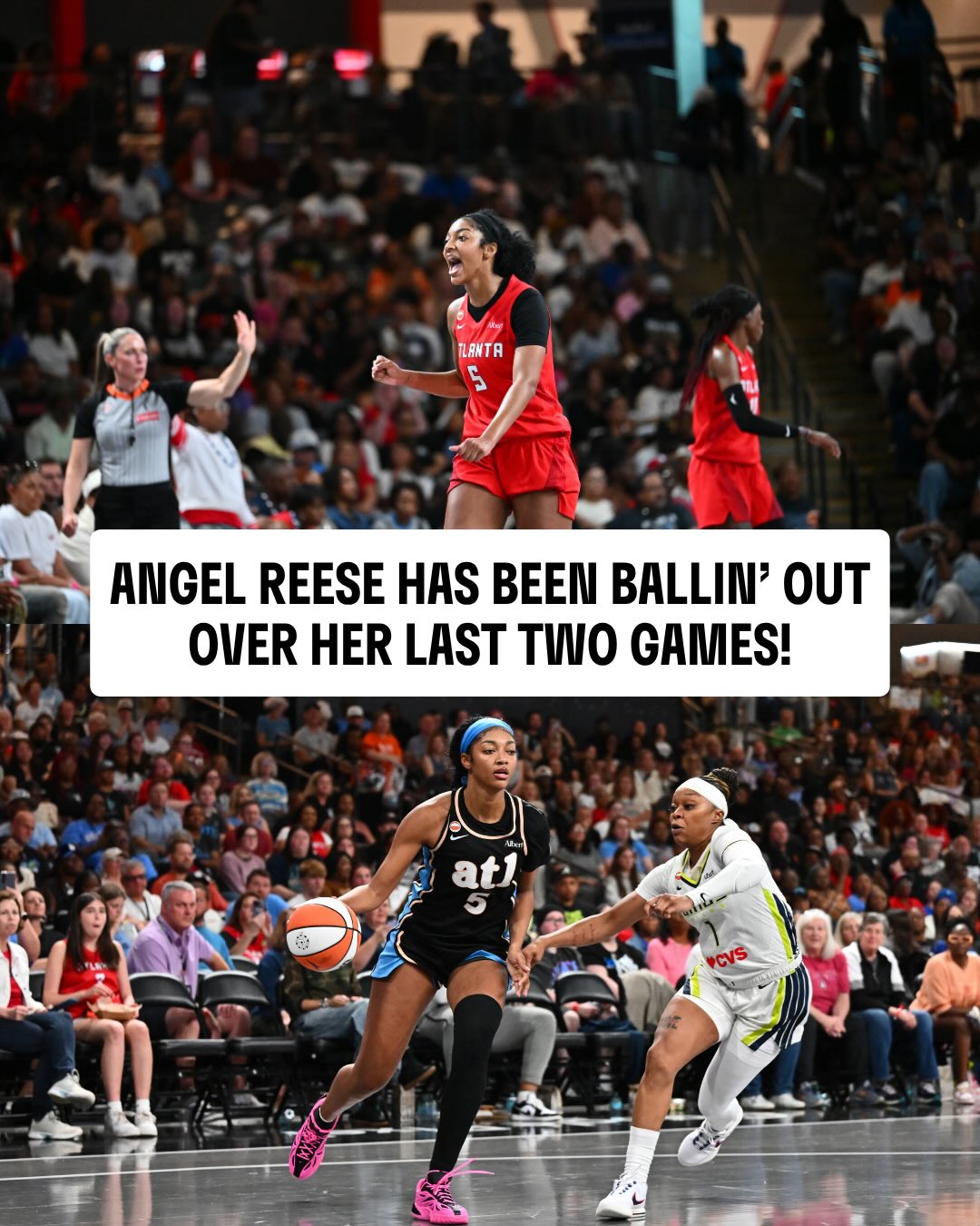 Angel Reese has been on a tear 👏

Over her last two games, AR5 is averaging 16.0 PPG, 9.5 RPG, 3.0 APG and 2.0 SPG while leading Atlanta to a 2-0 record.

Tune in as the Dream take on Minnesota tonight at 9pm/ET on USA Network!