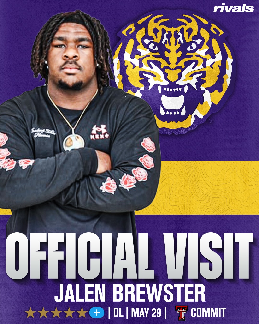 Texas Tech Five-Star Plus+ DL commit Jalen Brewster will take an official visit to LSU this weekend, @samspiegelman_ reports🐯

Follow @Rivals.IG for the latest recruiting news and intel