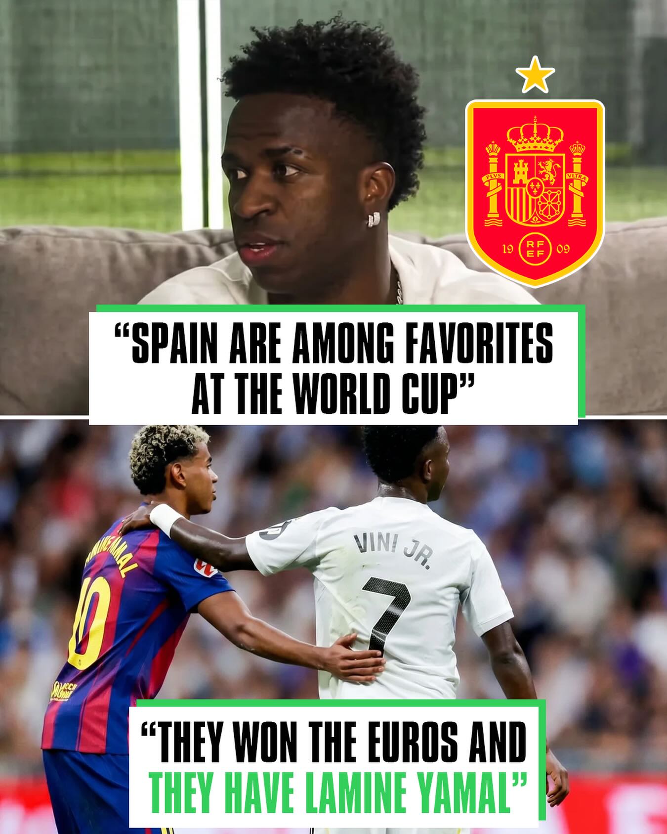 🚨🗣 Vinicius: “Spain are among favorites at the World Cup, they won the Euros and they have Lamine Yamal.

“Lamine is one of the best in the world. Fans pay tickets for players like him.”👀🔥