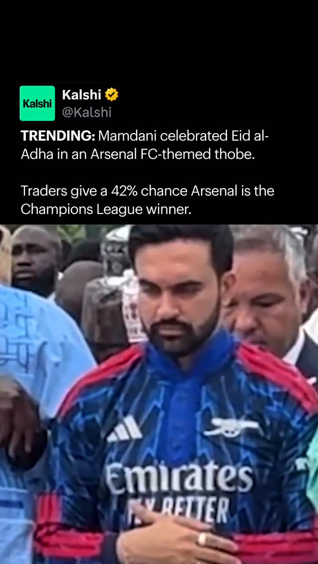 Zohran Mamdani celebrated Eid al-Adha this weekend wearing an Arsenal FC-themed thobe, drawing attention online as photos spread across social media. 

Arsenal remains one of the favorites to win next season’s Champions League, with traders currently giving the club a 42% chance to lift the trophy.